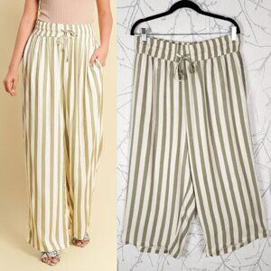 Tamsy Green Stripe High Rise Drawstring Wide Leg Palazzo Pants
